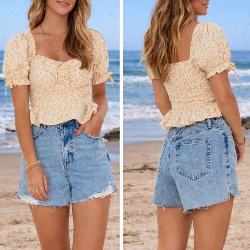 Show Me Your MuMu Floral Puff Sleeve Crop Top Blouse Spring Summer - Size L